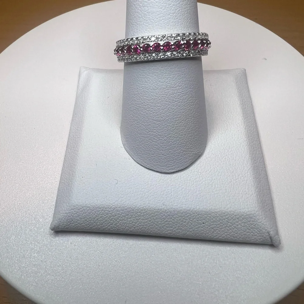 NWT Certified S925 Silver 3-Row Moissanite Ruby Inlaid Full Ring